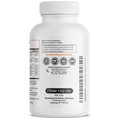 Bronson dietary supplement bottle displaying manufacturing compliance and clean ingredient guarantees