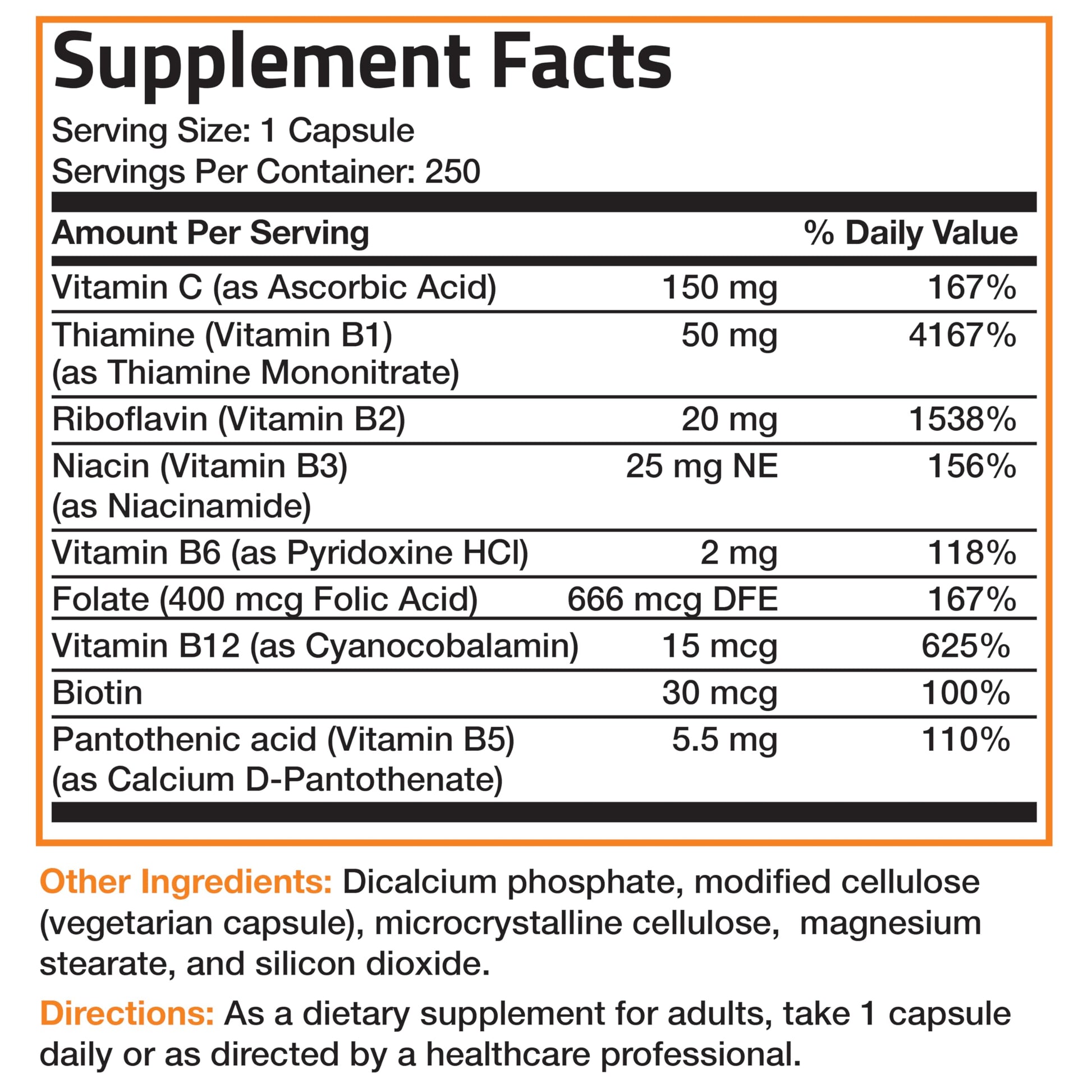 Top angle view of Bronson Vitamin B Complex 250 capsules bottle highlighting premium cap seal