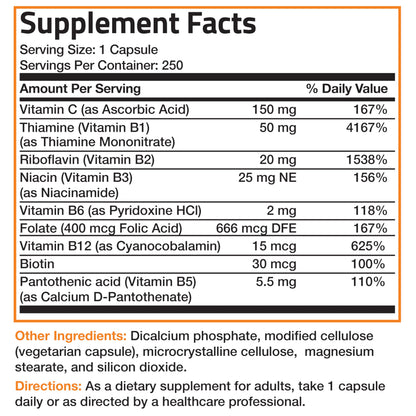 Top angle view of Bronson Vitamin B Complex 250 capsules bottle highlighting premium cap seal