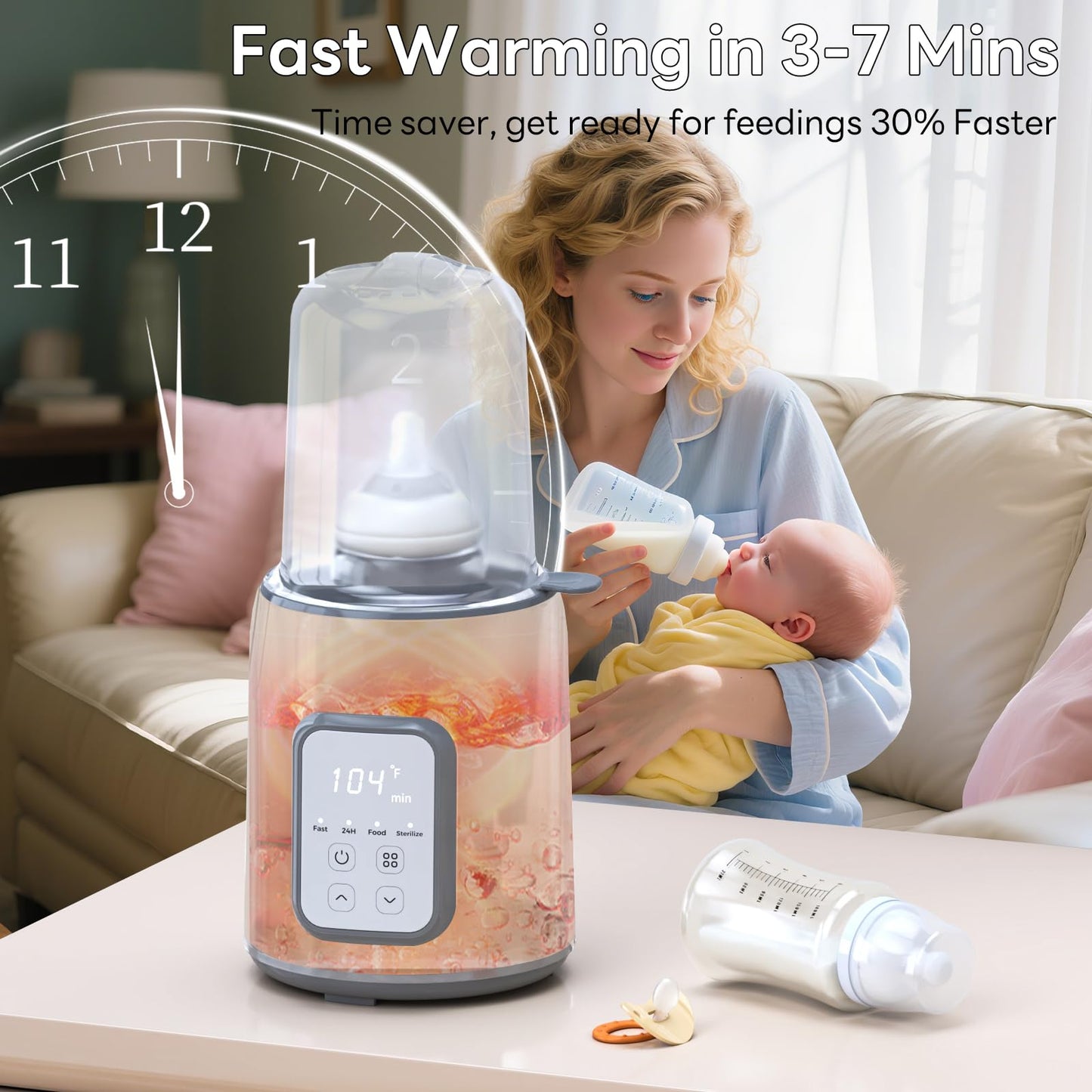 Momfree bottle warmer heating a baby bottle in nursery