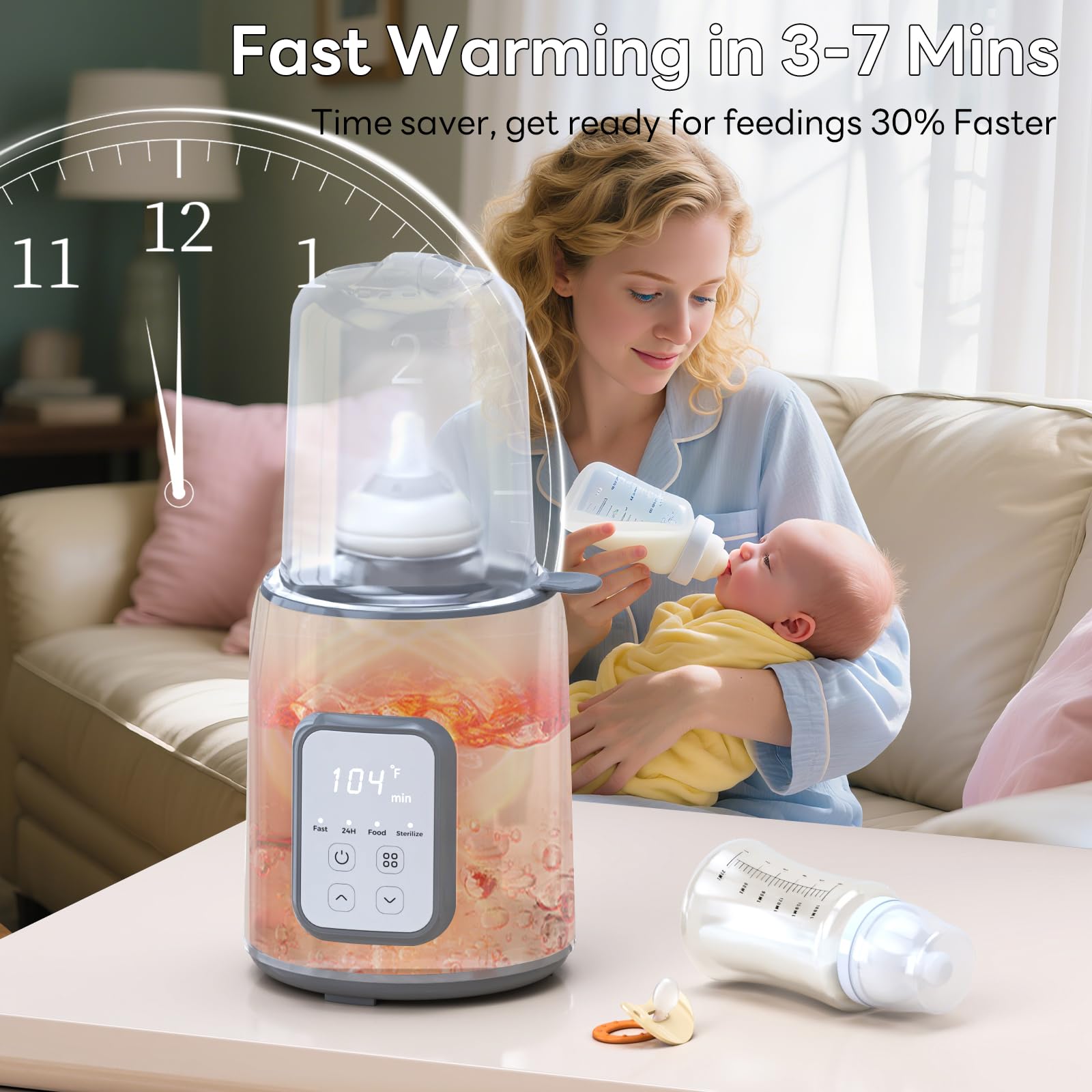 Momfree bottle warmer heating a baby bottle in nursery