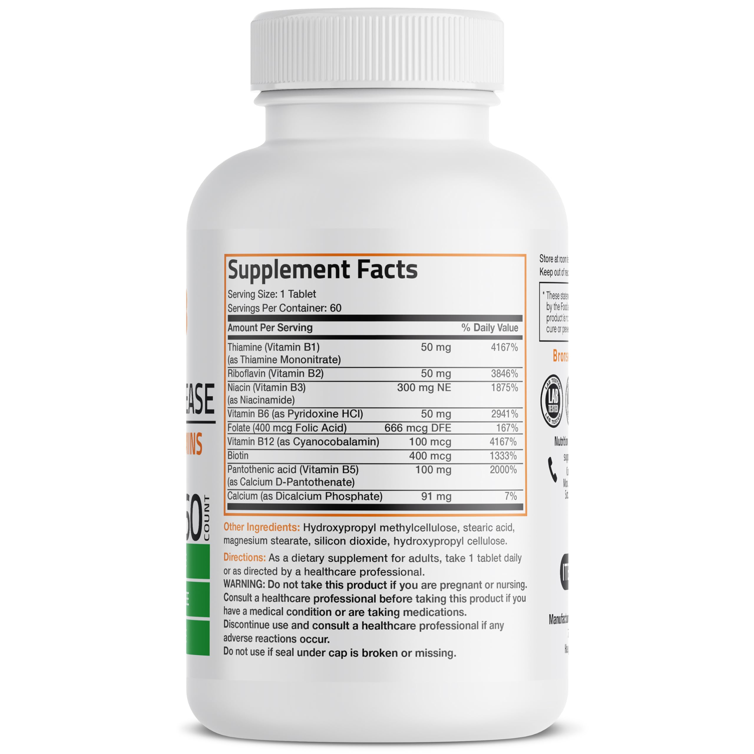 Side angle of Bronson sustained release vitamin B complex supplement bottle detailing ingredients list.