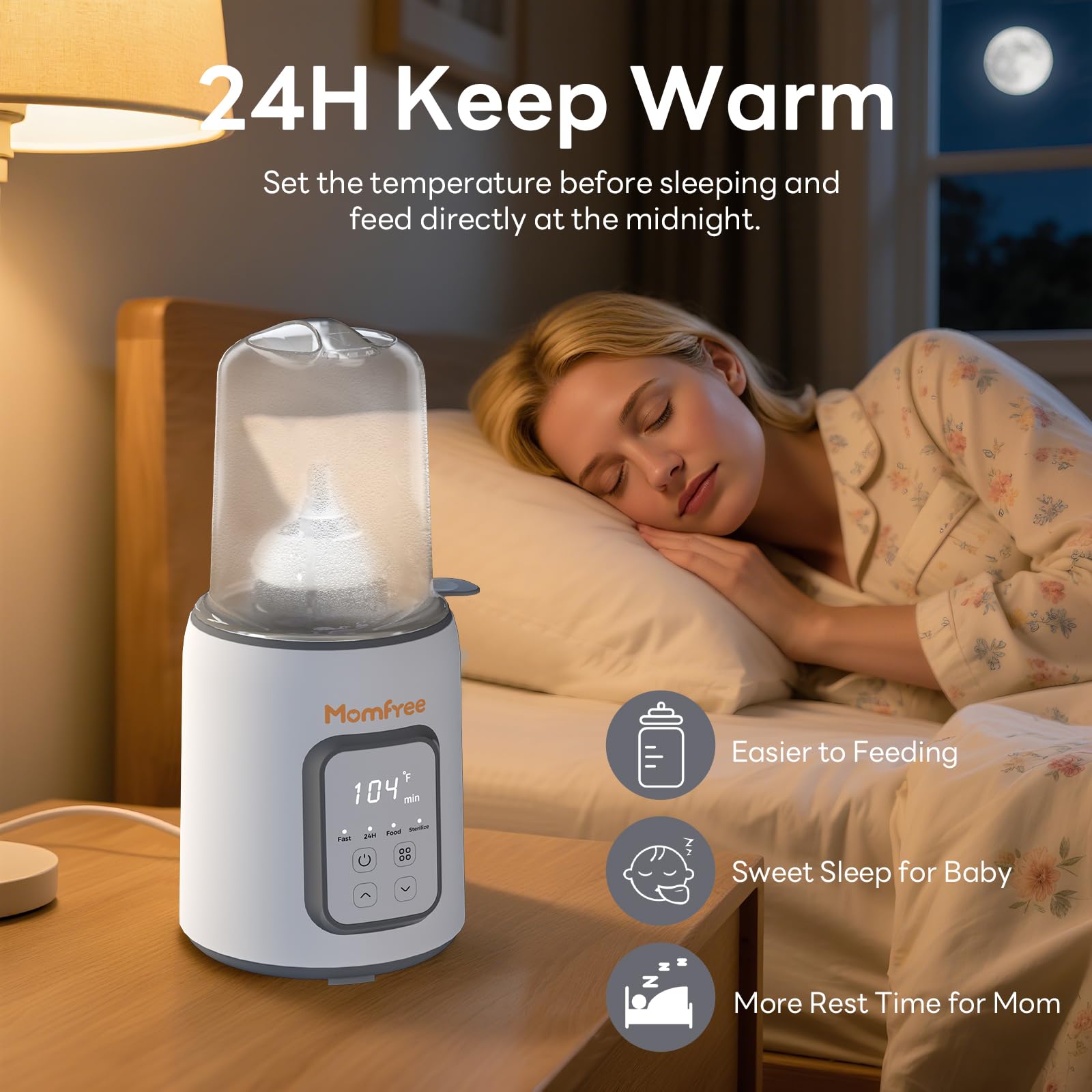 Momfree bottle warmer showing steam cleaning feature