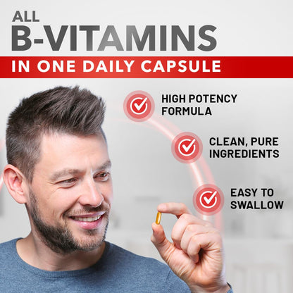 Side view of Divine Bounty B Complex bottle detailing the comprehensive list of all eight essential B vitamins