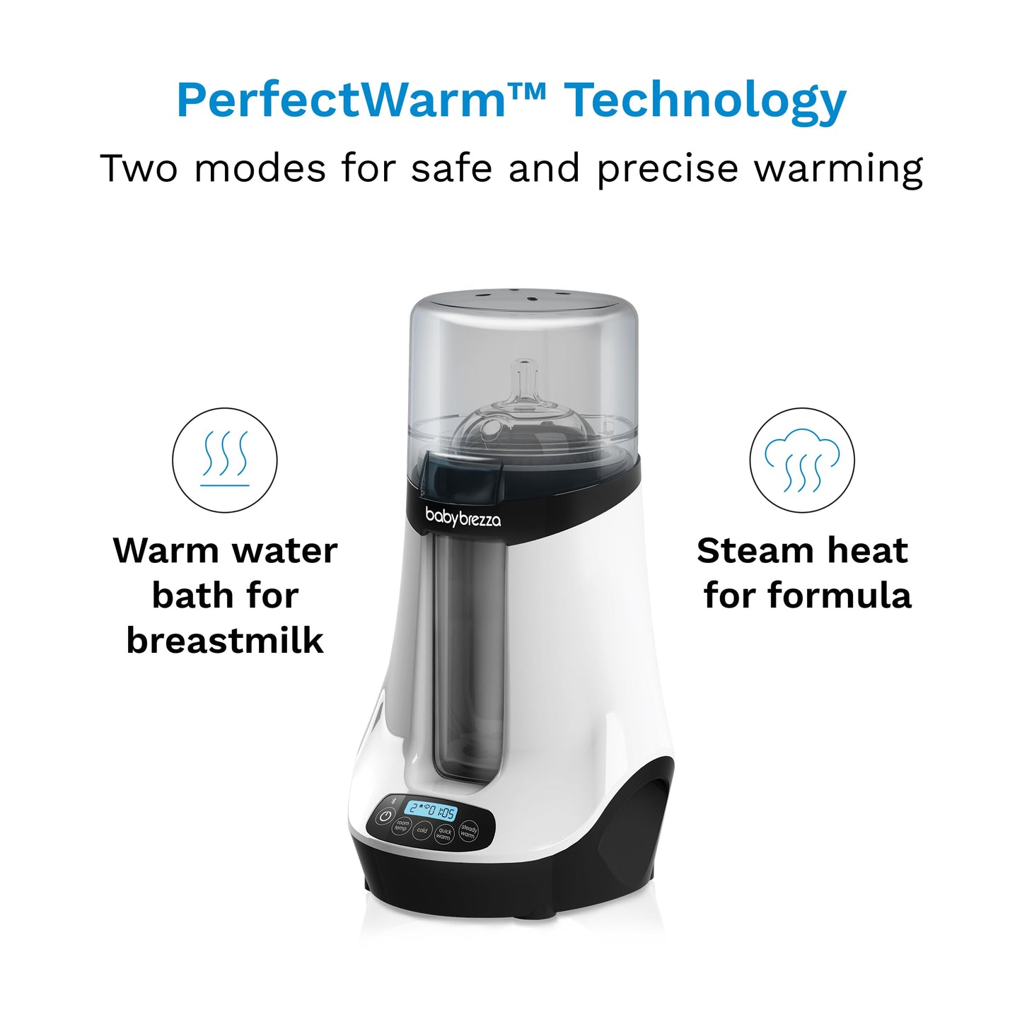 Baby Brezza bottle warmer warming a glass bottle in the nursery