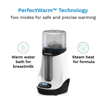 Baby Brezza bottle warmer warming a glass bottle in the nursery