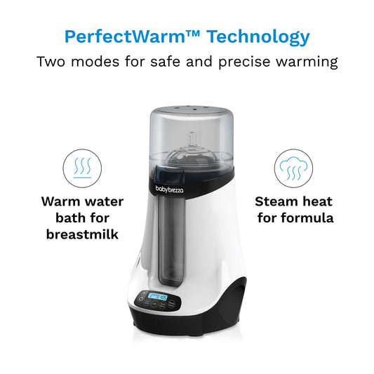 Baby Brezza bottle warmer warming a glass bottle in the nursery