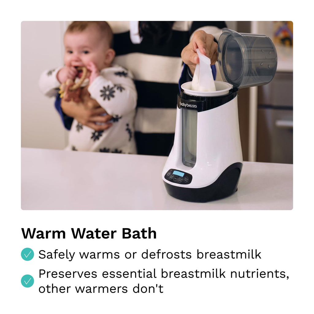 Side view of Baby Brezza smart warmer with milk storage bag
