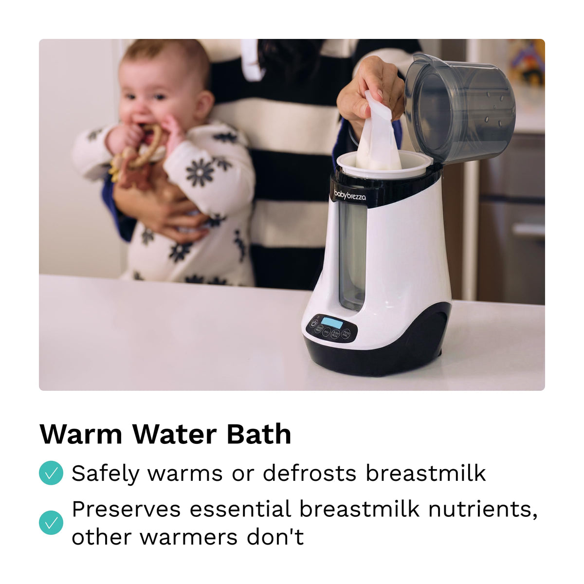 Side view of Baby Brezza smart warmer with milk storage bag