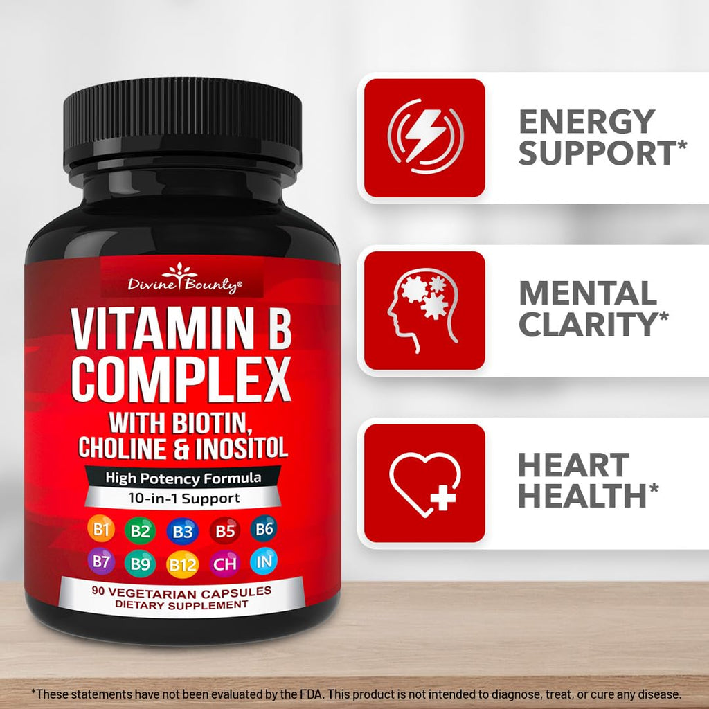 Divine Bounty Super B Complex premium amber bottle showcasing the vegetarian capsules formulation details