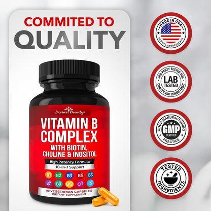 Divine Bounty Vitamin B Complex container displaying the made in the USA quality seal