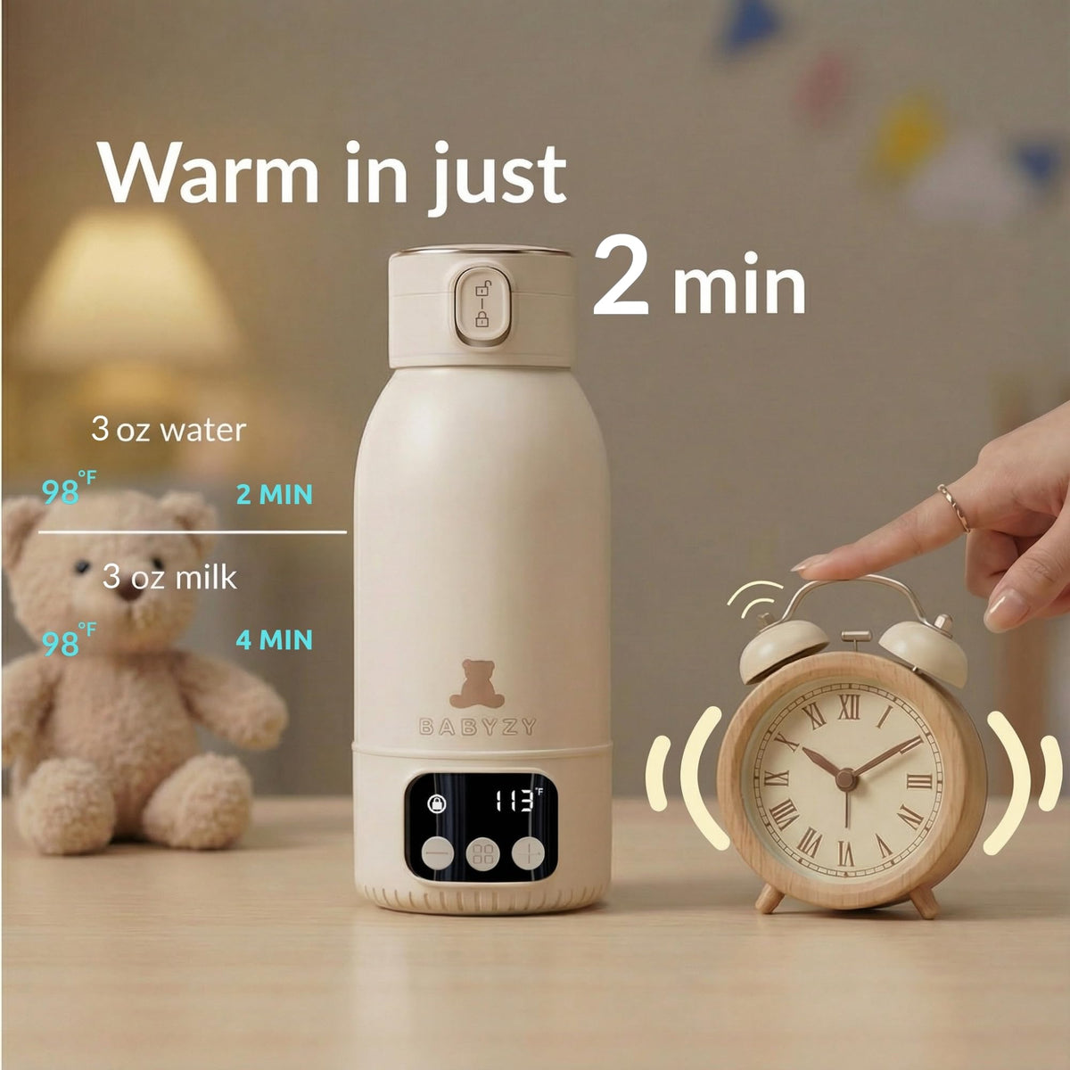 Core Babyze cordless bottle warmer showing portable size