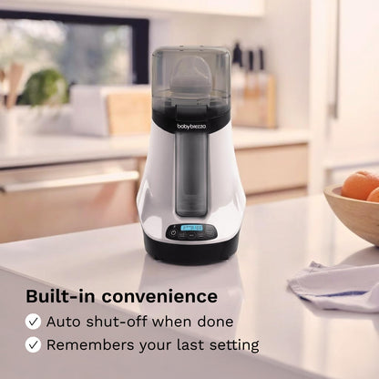 Lifestyle shot of Baby Brezza bottle warmer on a kitchen counter