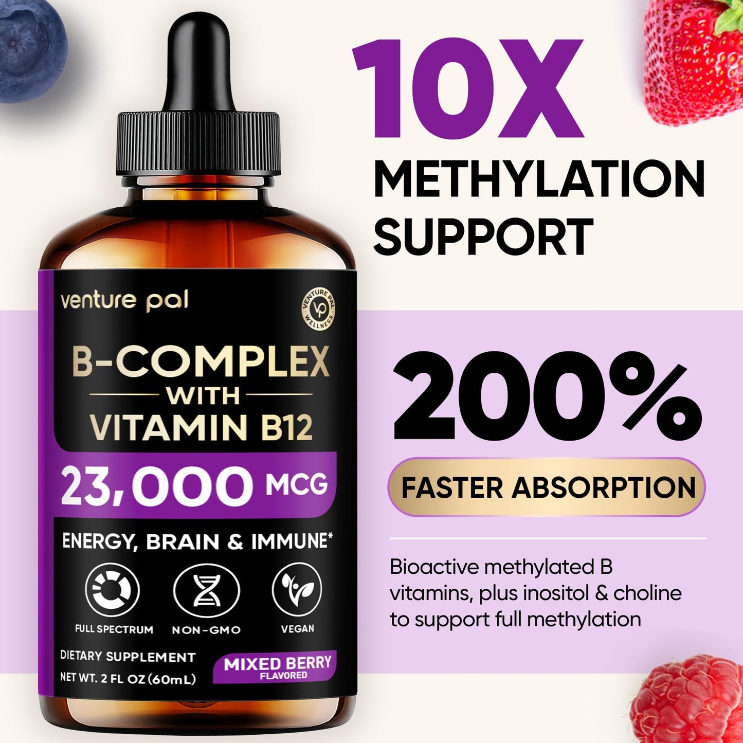 Back label of Venture Pal B complex supplement showing nutritional facts and vegan certification.