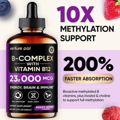 Back label of Venture Pal B complex supplement showing nutritional facts and vegan certification.