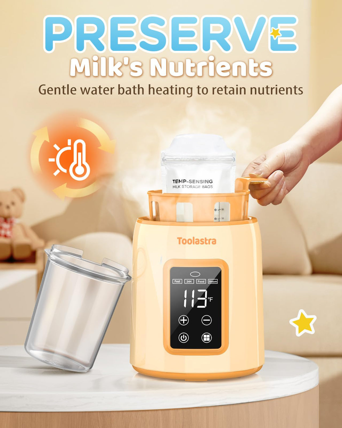 Side profile of Toolastra baby milk warmer showing compact design