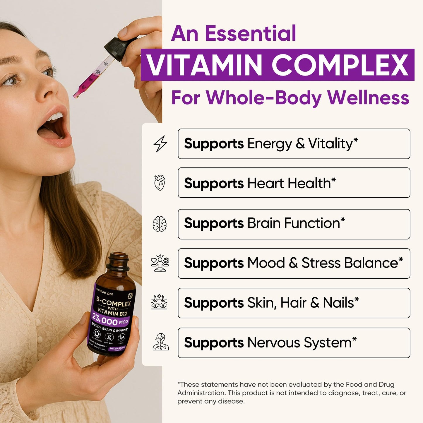 Venture Pal vitamin B complex drops next to fresh berries illustrating the natural berry flavor.