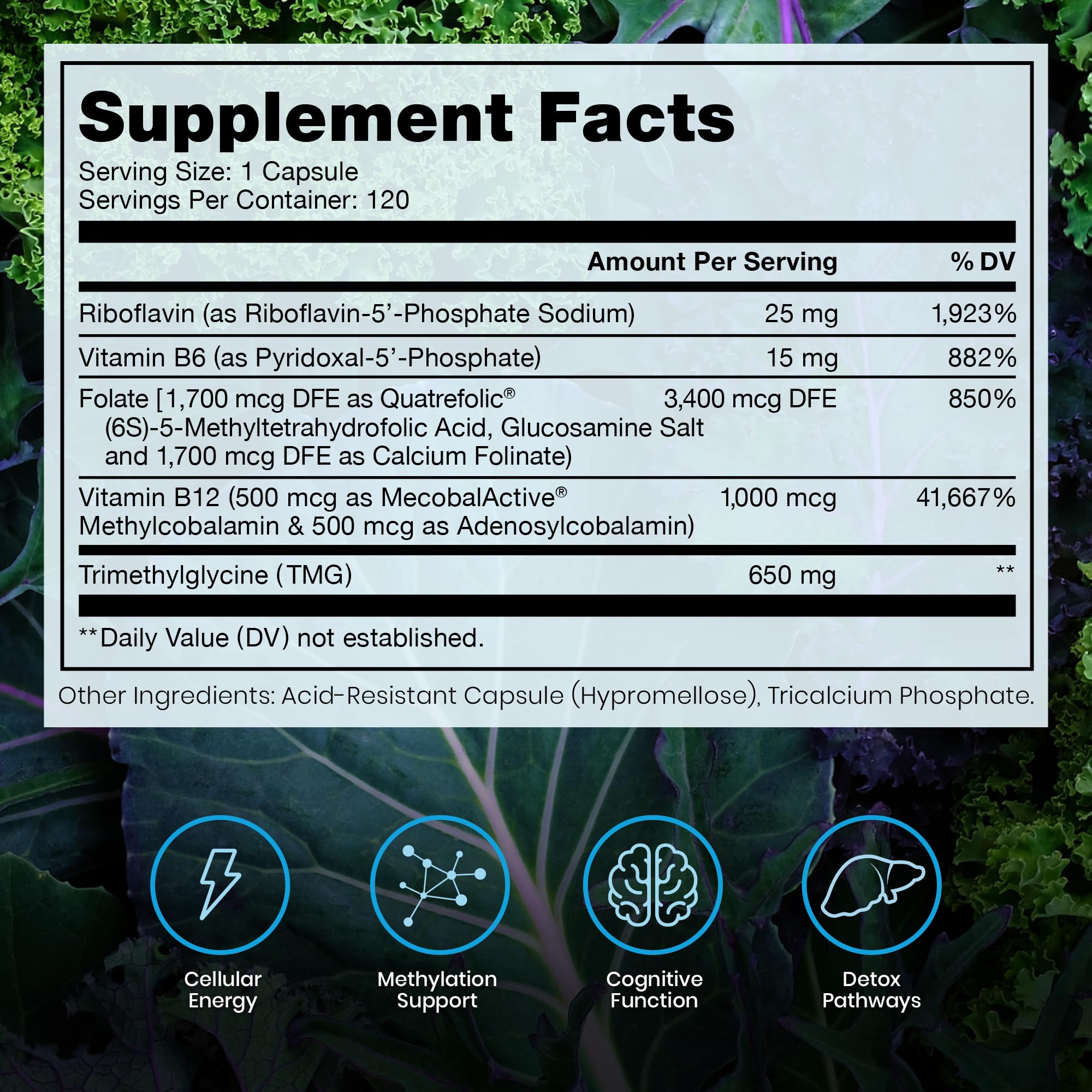 Pure Therapro Rx Methylated B Complex supplemental facts panel showing ingredients