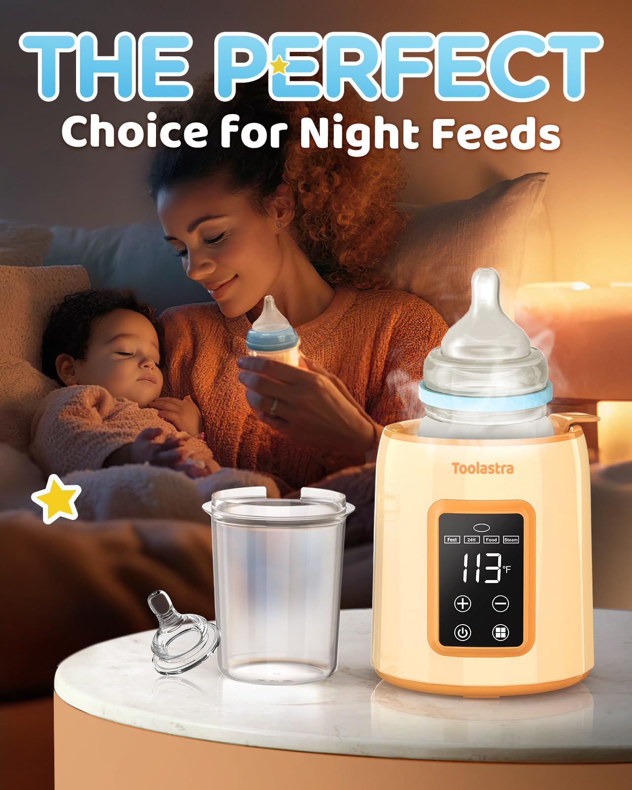 Toolastra bottle warmer showing 24-hour warming mode feature