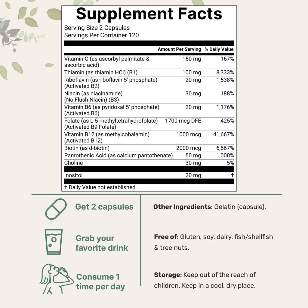 Micro Ingredients Methylated B complex vitamins active ingredient listing side label view.