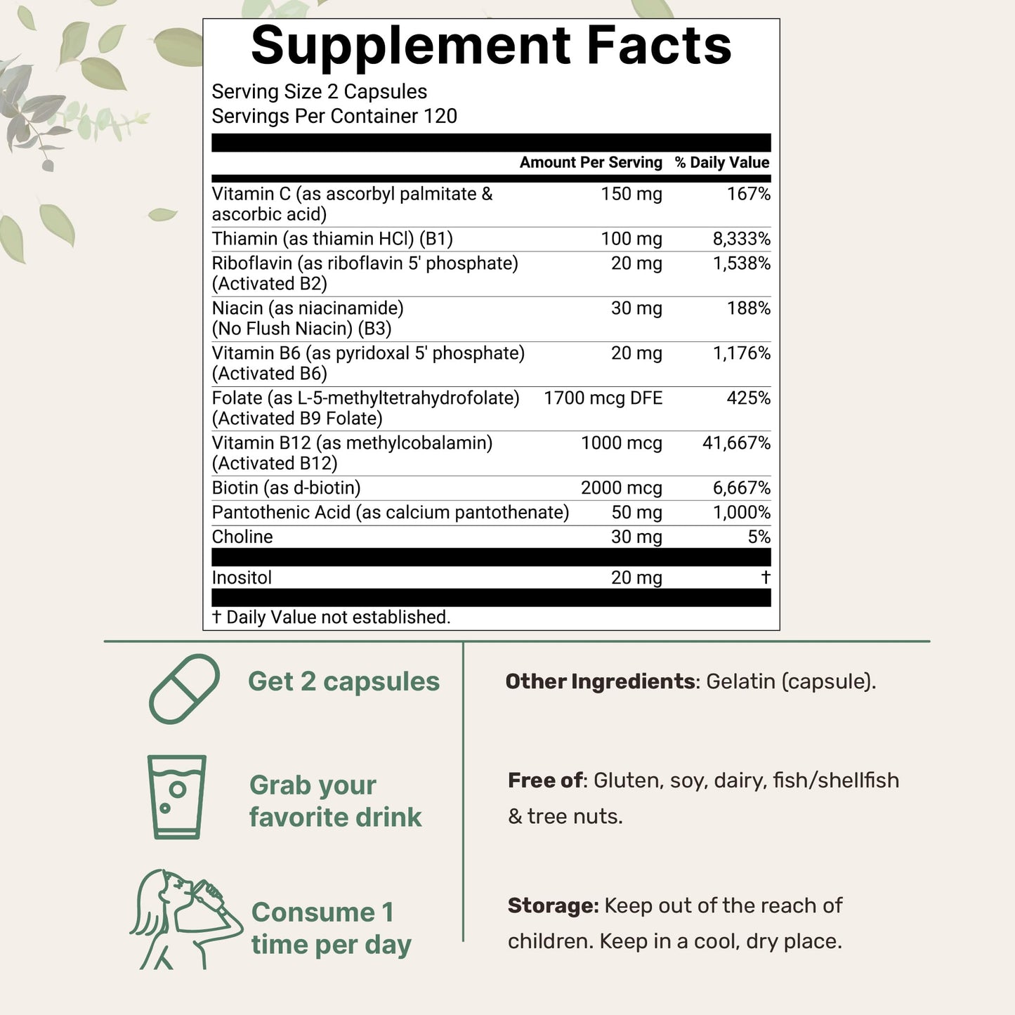 Micro Ingredients Methylated B complex vitamins active ingredient listing side label view.