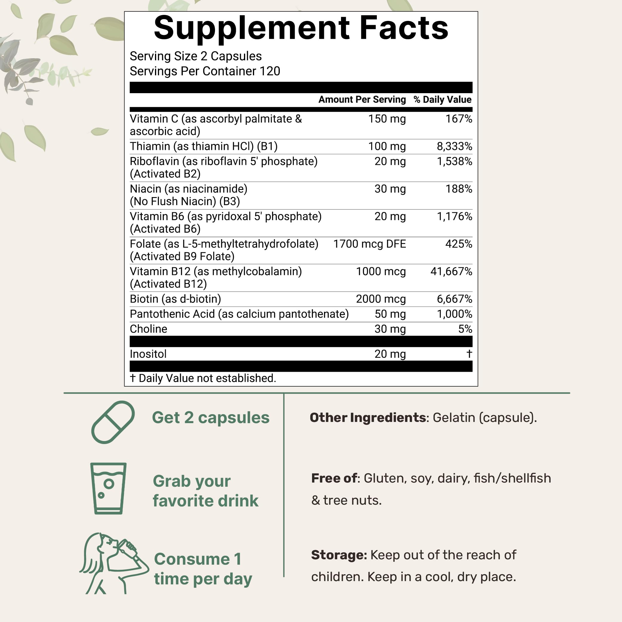 Micro Ingredients Methylated B complex vitamins active ingredient listing side label view.
