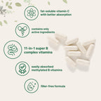 Premium bioavailable vitamin B complex capsules with methylfolate and methylcobalamin packaging.