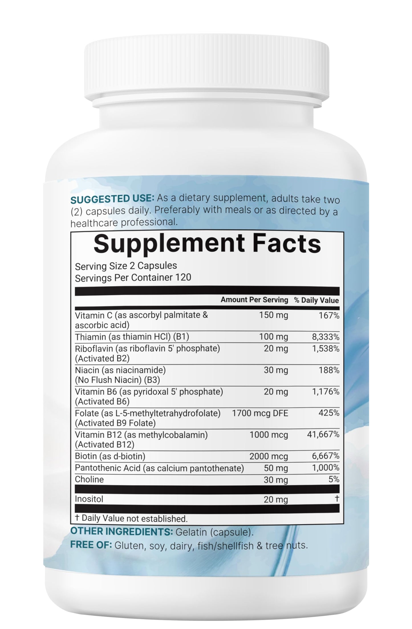 Non GMO gluten free premium vitamin B complex with fat soluble vitamin C supplement.