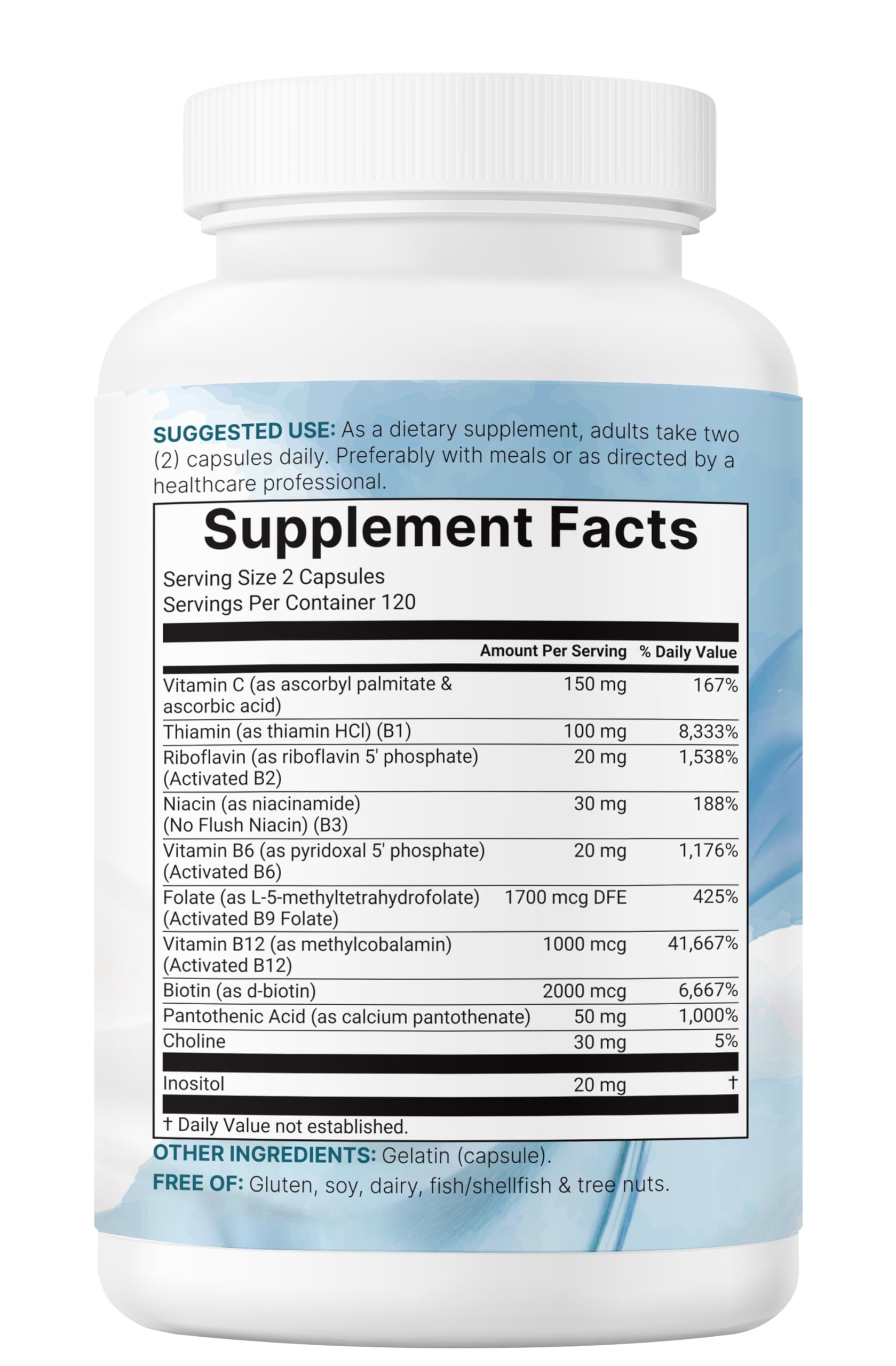 Non GMO gluten free premium vitamin B complex with fat soluble vitamin C supplement.