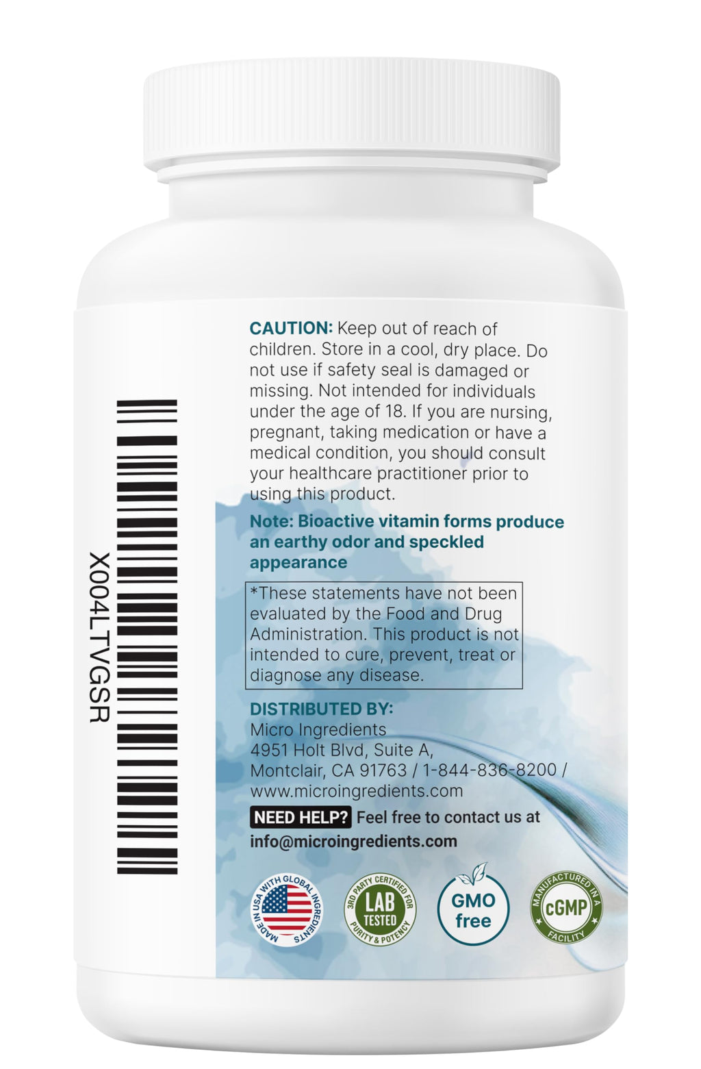Micro Ingredients 11 in 1 methylated B complex dietary supplement bottle base and expiry info.