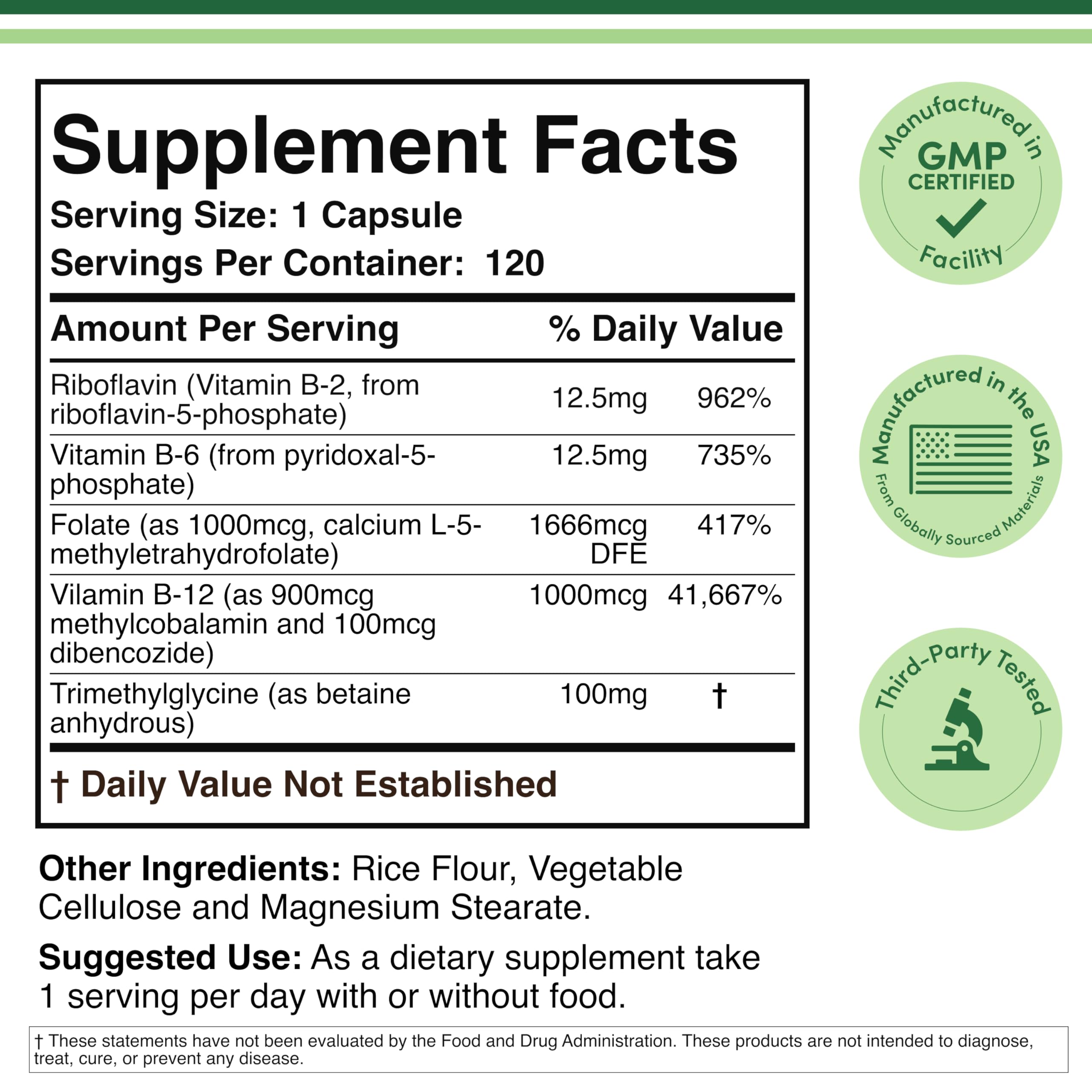 Side angle of Double Wood Methylated Multivitamin showing supplement facts and active ingredients