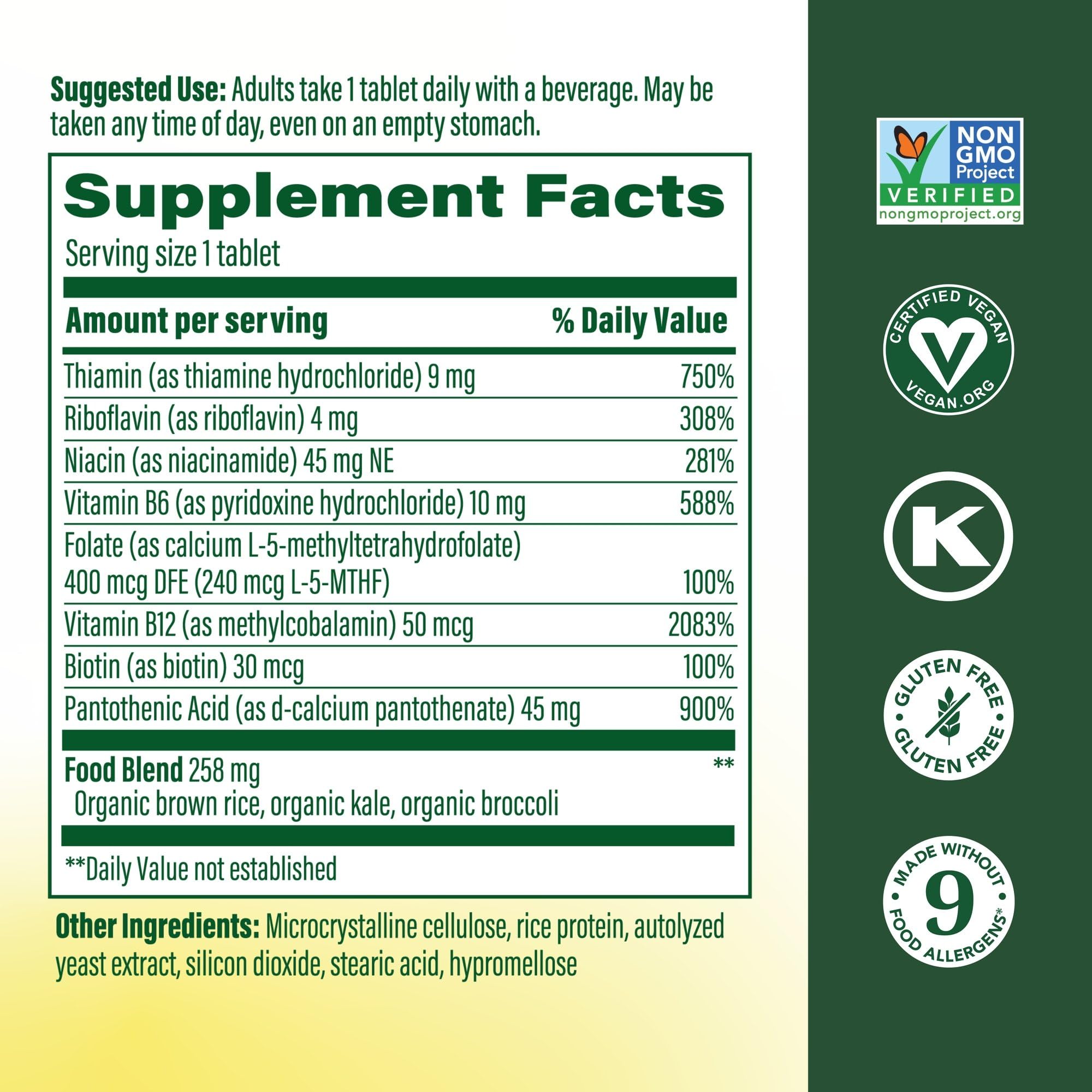 MegaFood B complex vegan supplement bottle showing eight essential B vitamins label