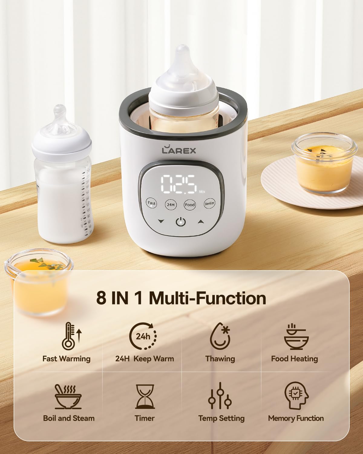 Side profile of Larex baby bottle warmer showing compact design