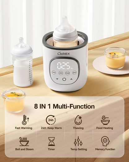 Side profile of Larex baby bottle warmer showing compact design