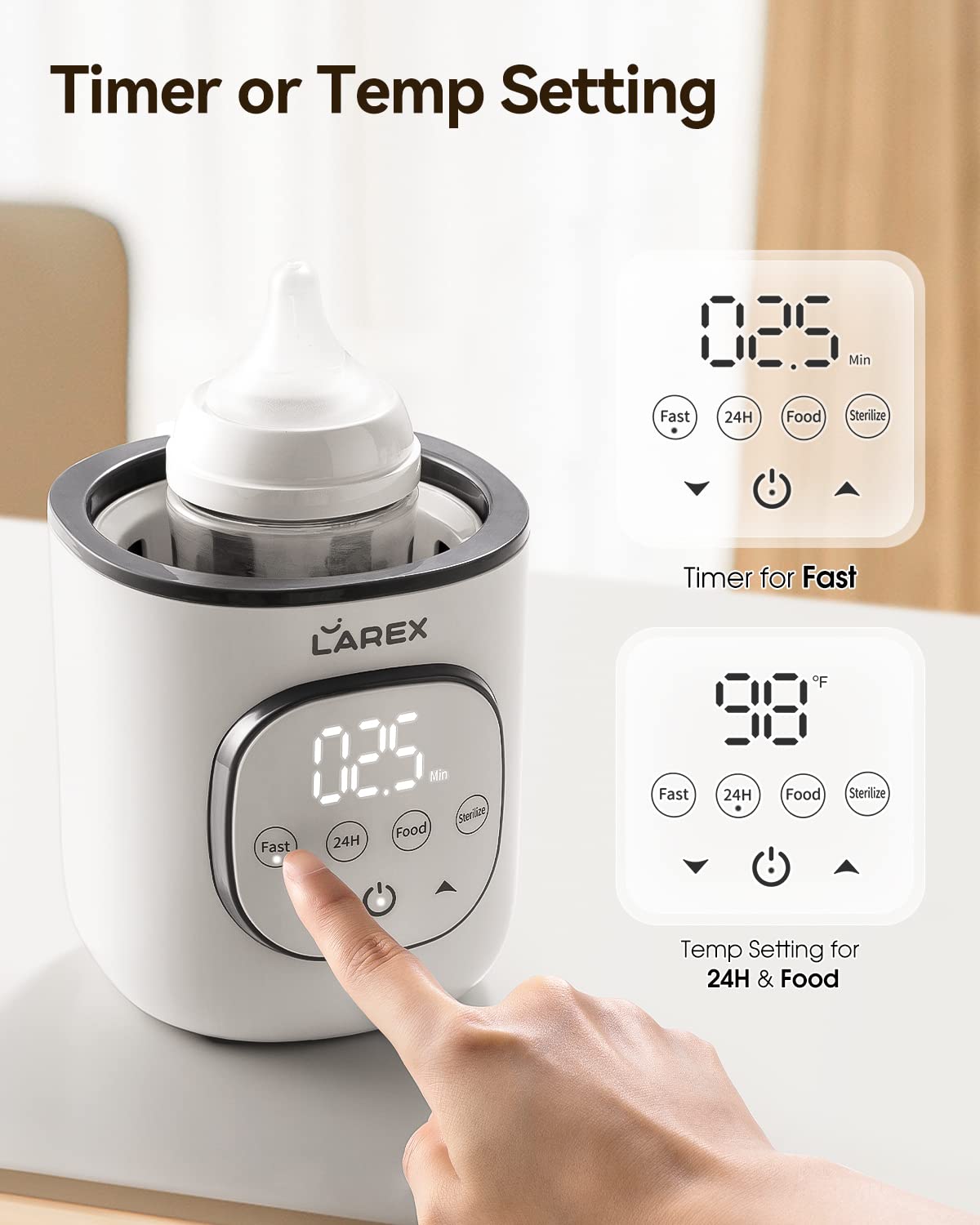 Larex bottle warmer holding a standard baby bottle