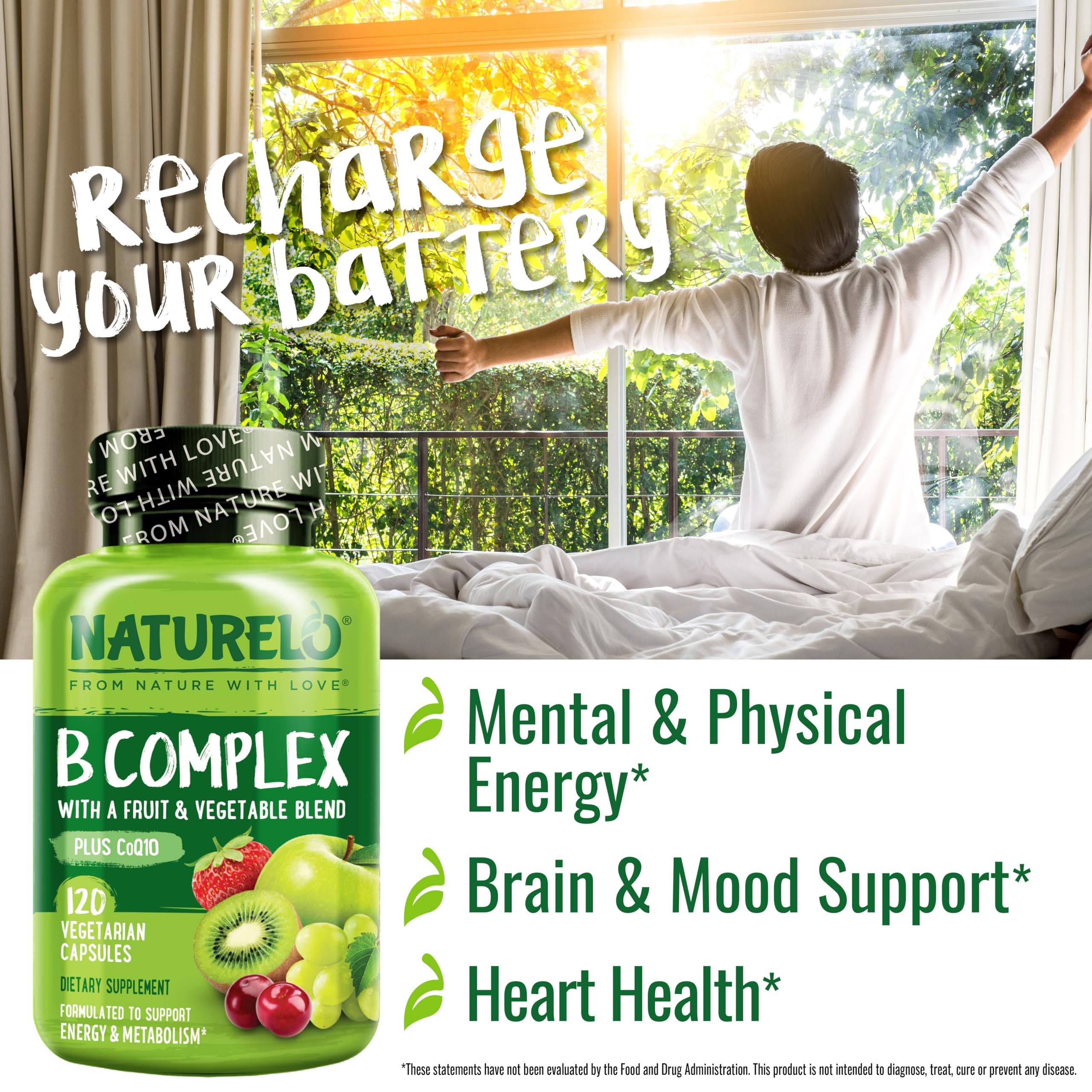 NATURELO B Complex with CoQ10 bottle showcasing ingredient facts label
