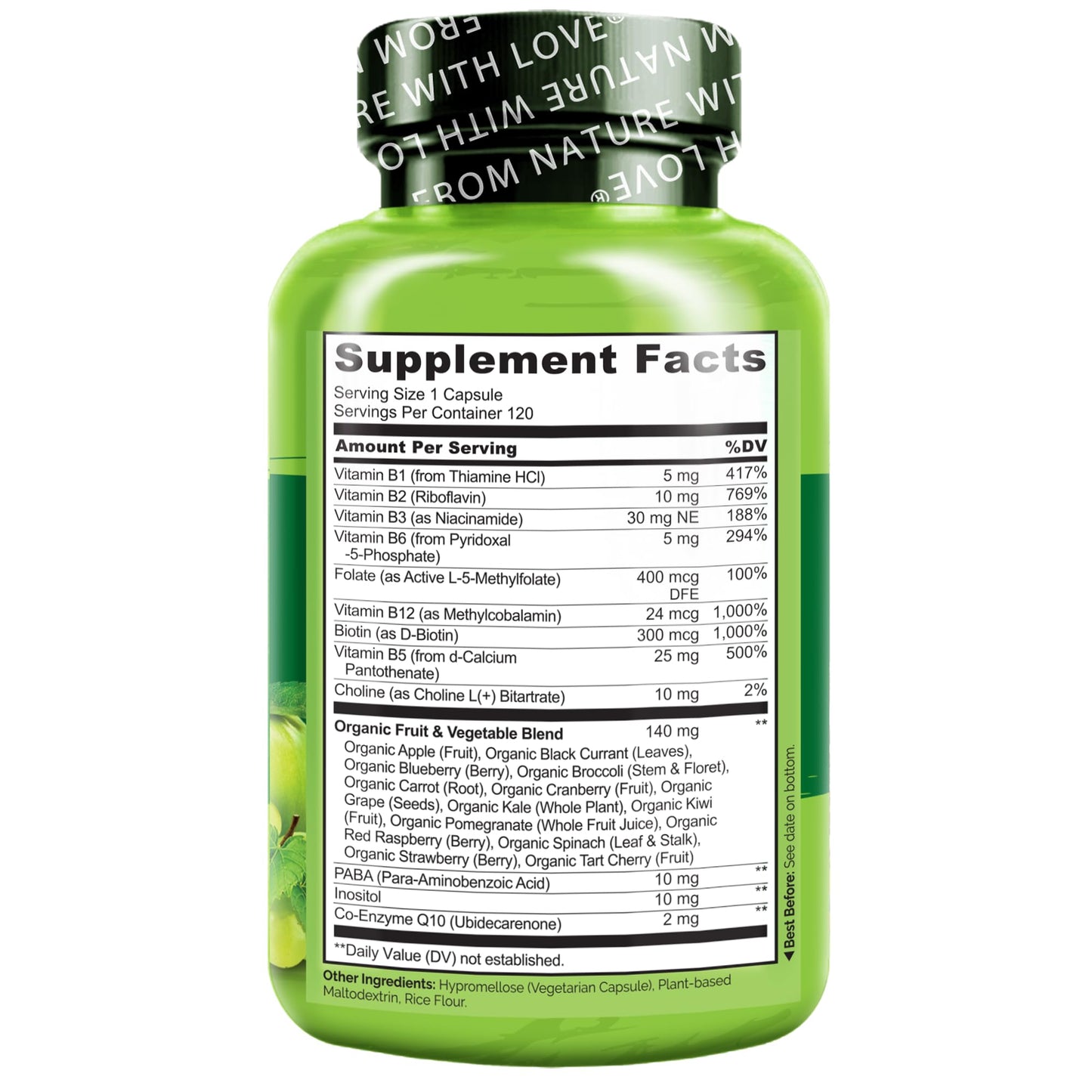 Authentic NATURELO B complex packaging with organic fruit and vegetable blend
