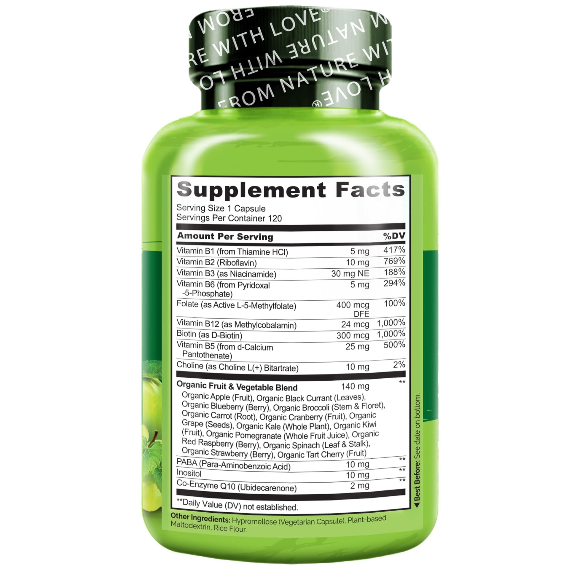 Authentic NATURELO B complex packaging with organic fruit and vegetable blend