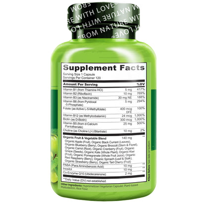 Authentic NATURELO B complex packaging with organic fruit and vegetable blend