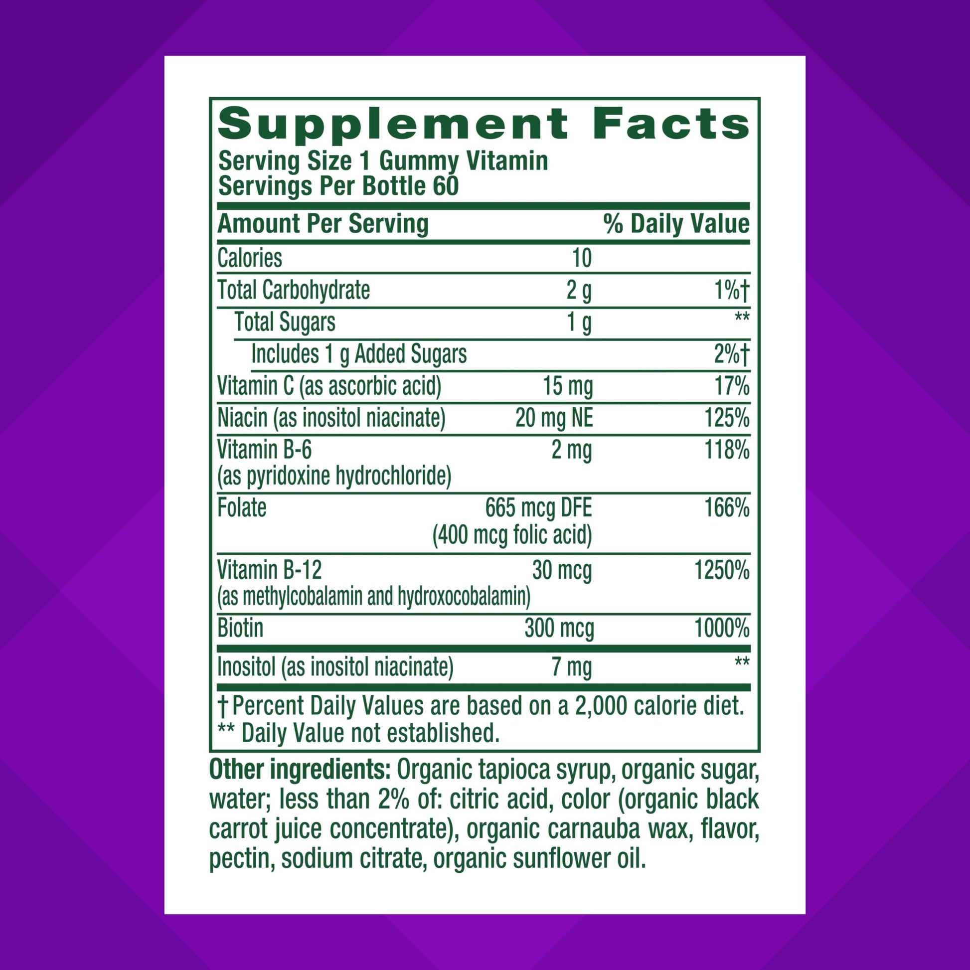 Vitafusion dietary supplement packaging showing vitamin C and B vitamins content