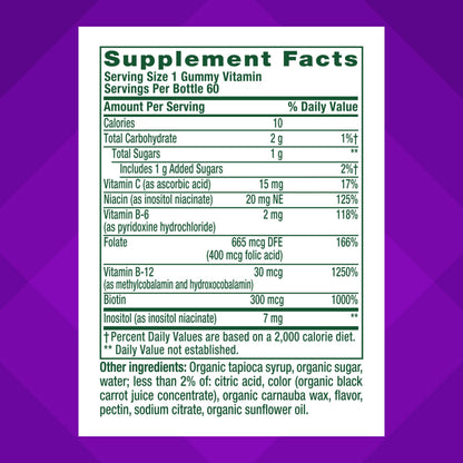 Vitafusion dietary supplement packaging showing vitamin C and B vitamins content