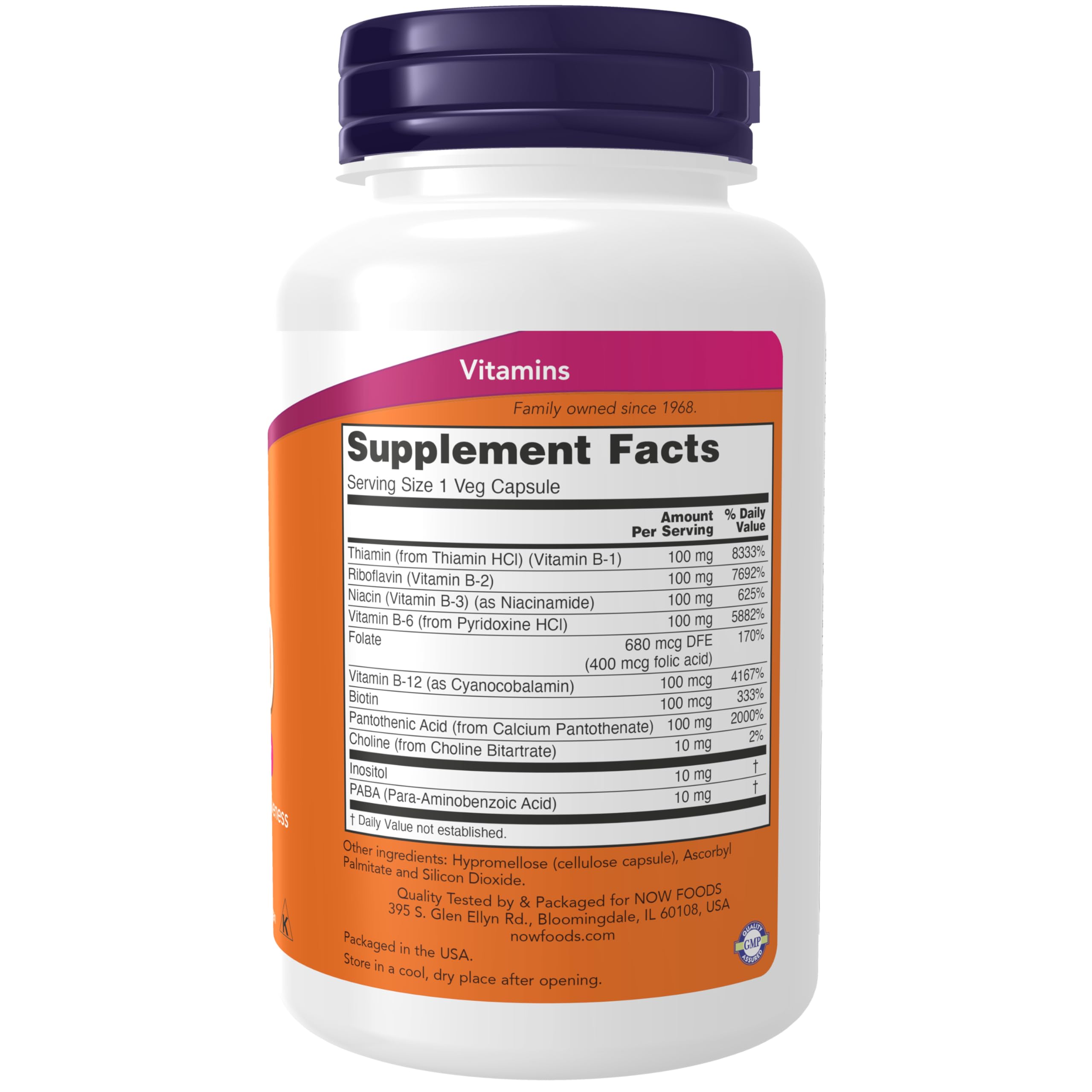NOW Foods B complex supplement packaging displaying complete product label information and supplement facts