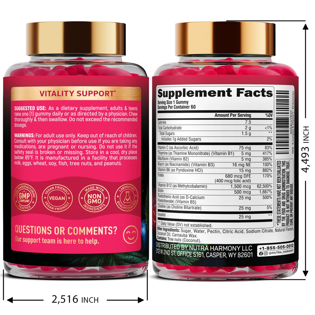 Nutraharmony 8-in-1 B complex supplement bottle showing nutrition facts and clean vegan ingredients list.