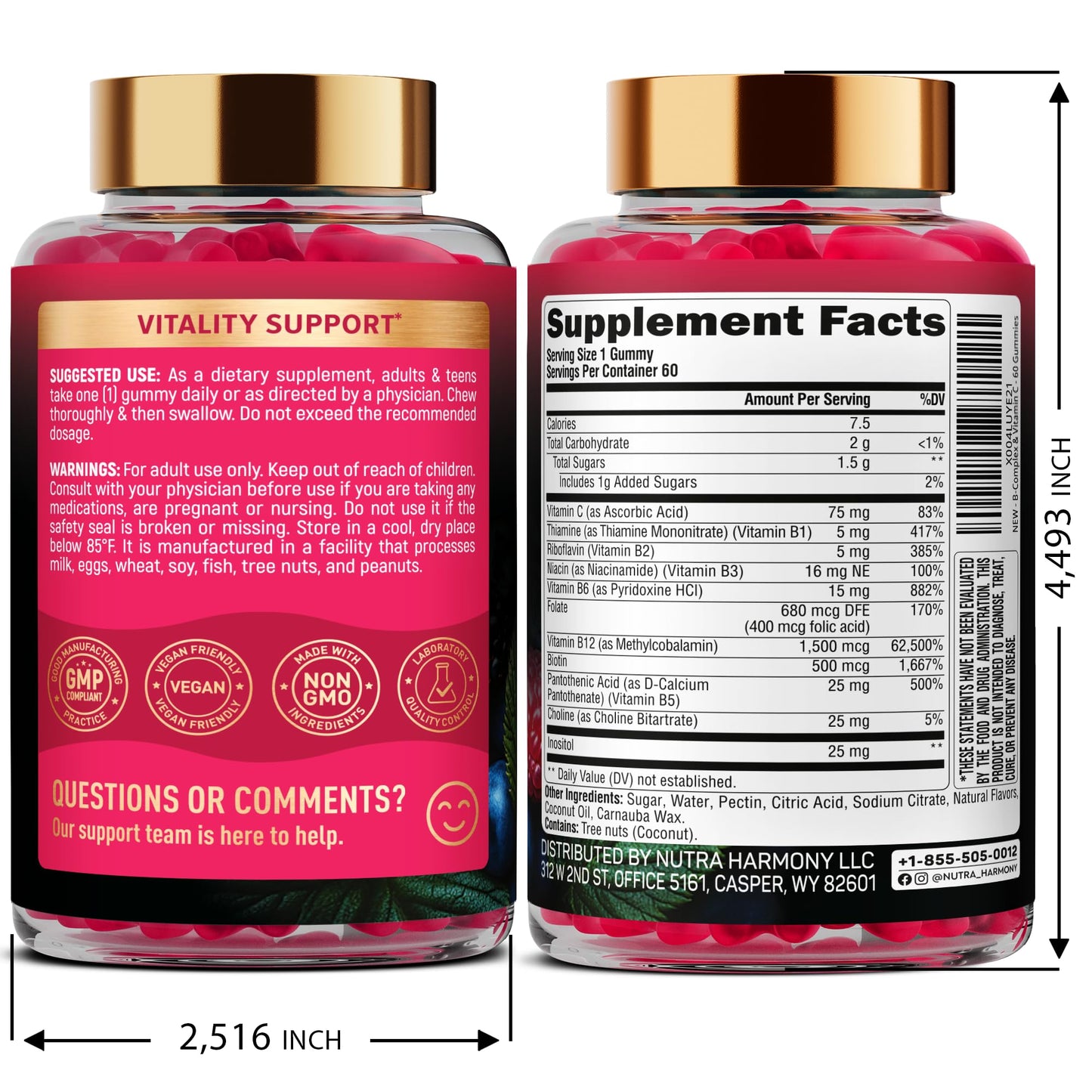 Nutraharmony 8-in-1 B complex supplement bottle showing nutrition facts and clean vegan ingredients list.