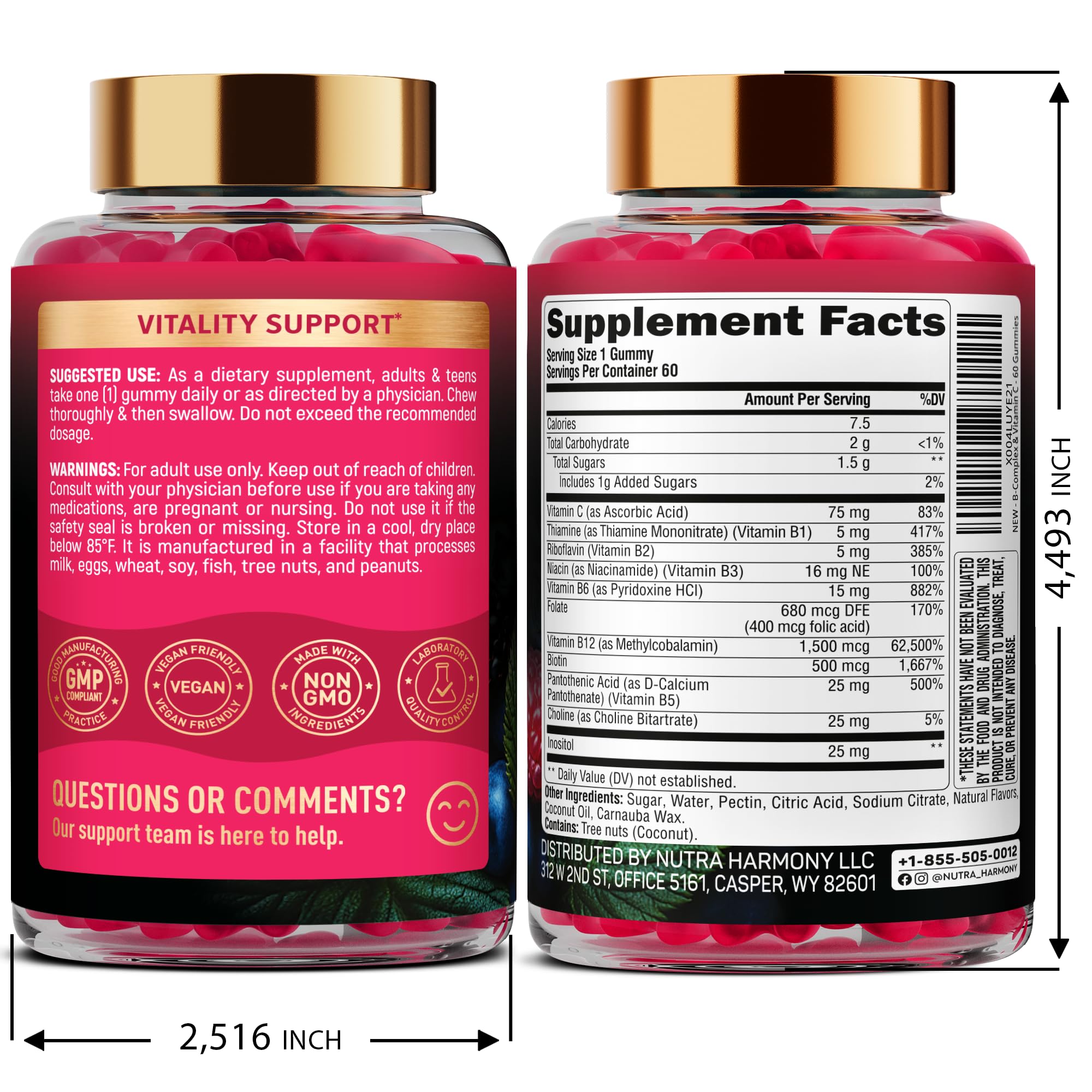 Nutraharmony 8-in-1 B complex supplement bottle showing nutrition facts and clean vegan ingredients list.