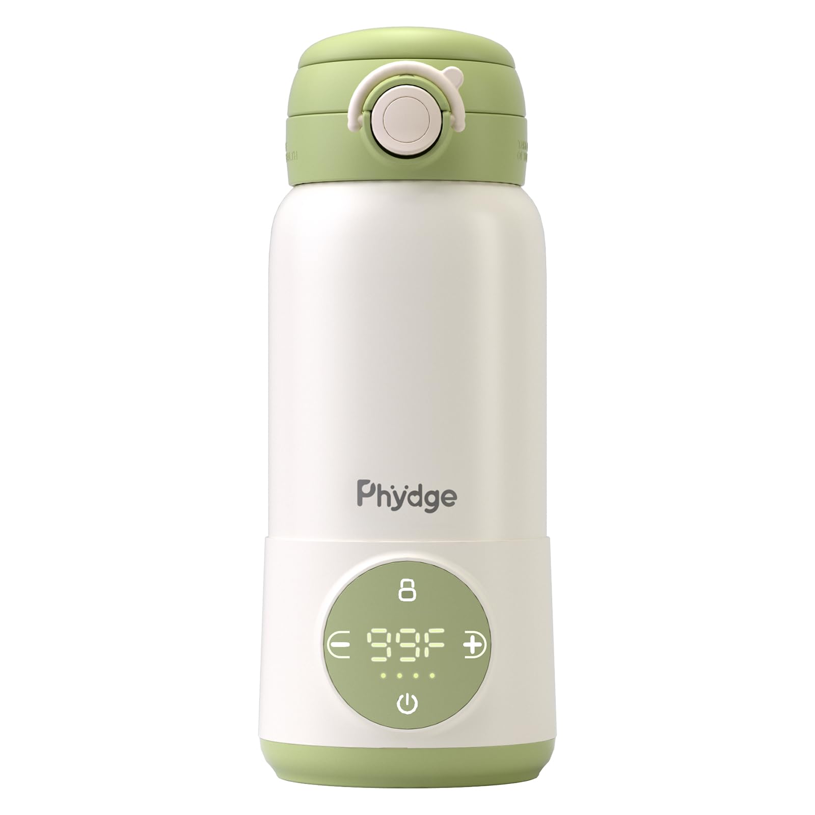 Lifestyle shot of Phydge bottle warmer being used on the go