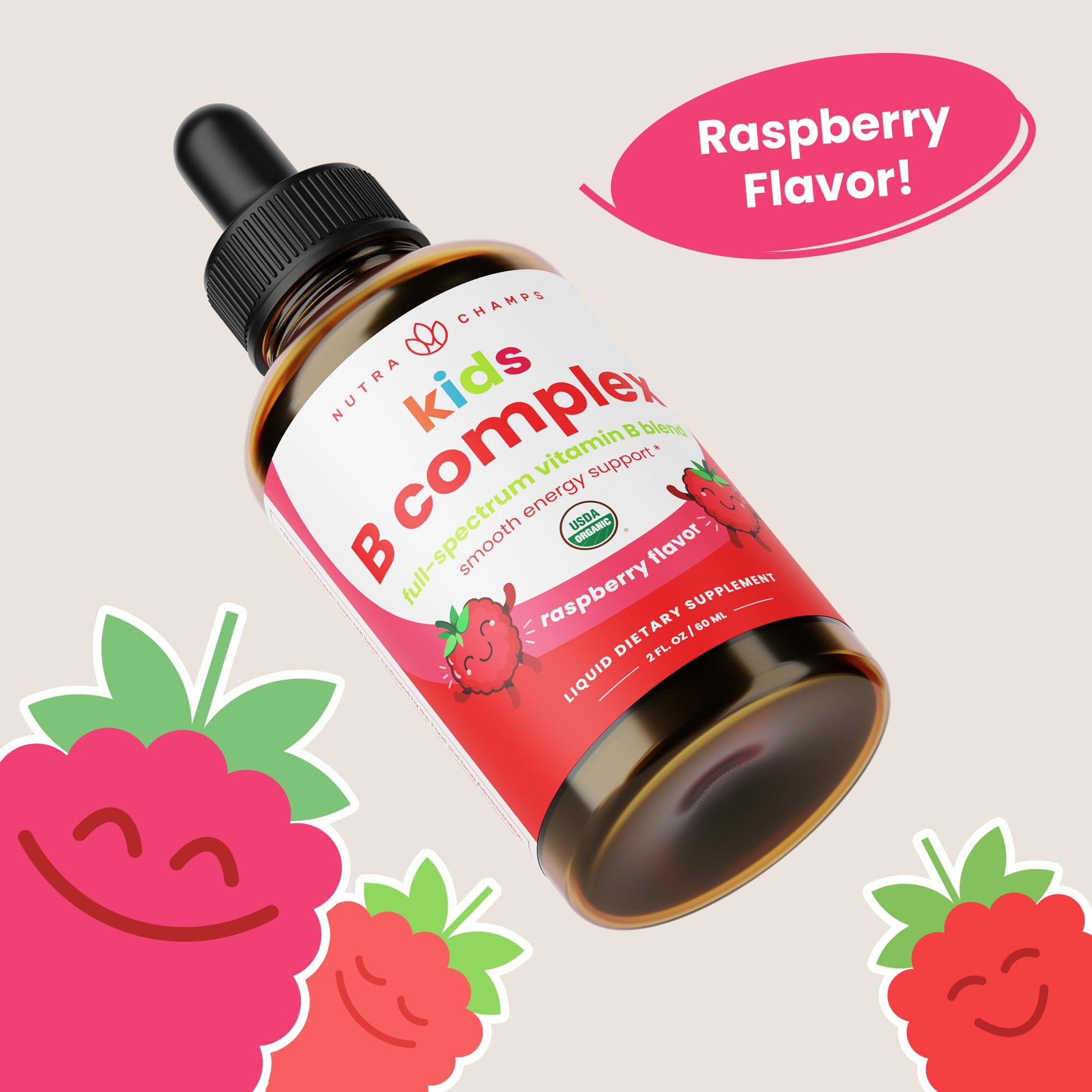 Back packaging text of NutraChamps USA imported non GMO gluten free kids vitamin B complex.