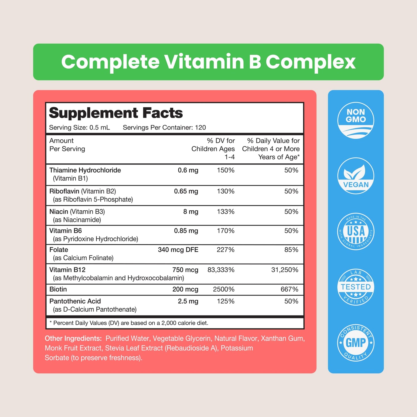 NutraChamps child friendly liquid B vitamin bottle highlighting cGMP quality manufacturing and safe global ingredients.