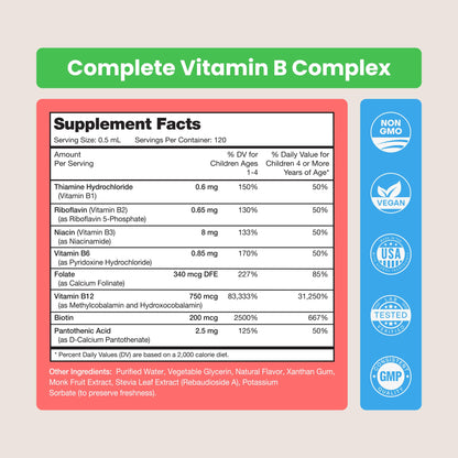 NutraChamps child friendly liquid B vitamin bottle highlighting cGMP quality manufacturing and safe global ingredients.