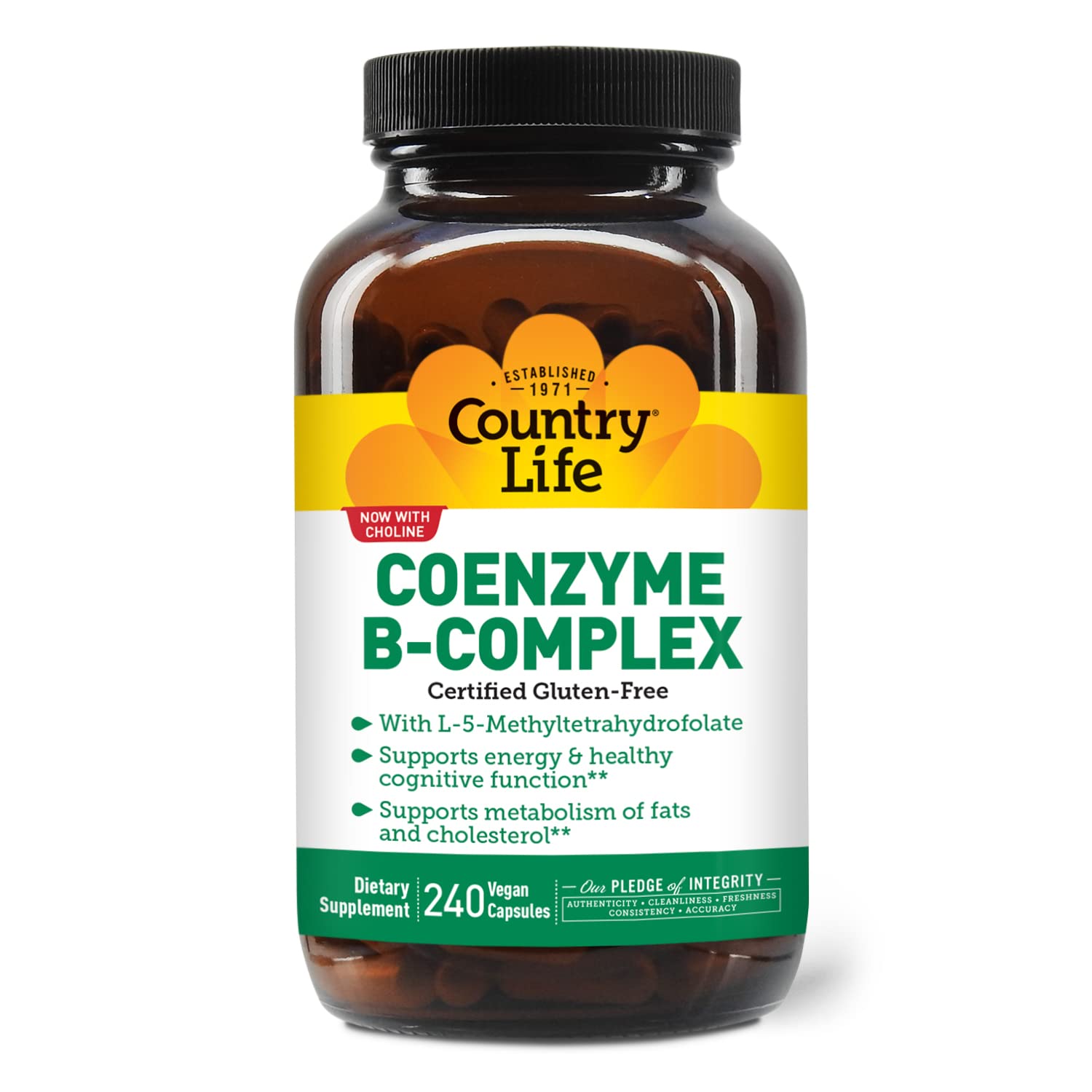 Country Life Coenzyme B Complex supplement facts label showing bioactive ingredients.